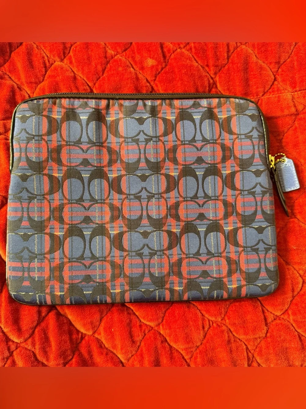 NWOT Coach Signature Plaid Laptop / Tablet Sleeve – Navy & Red